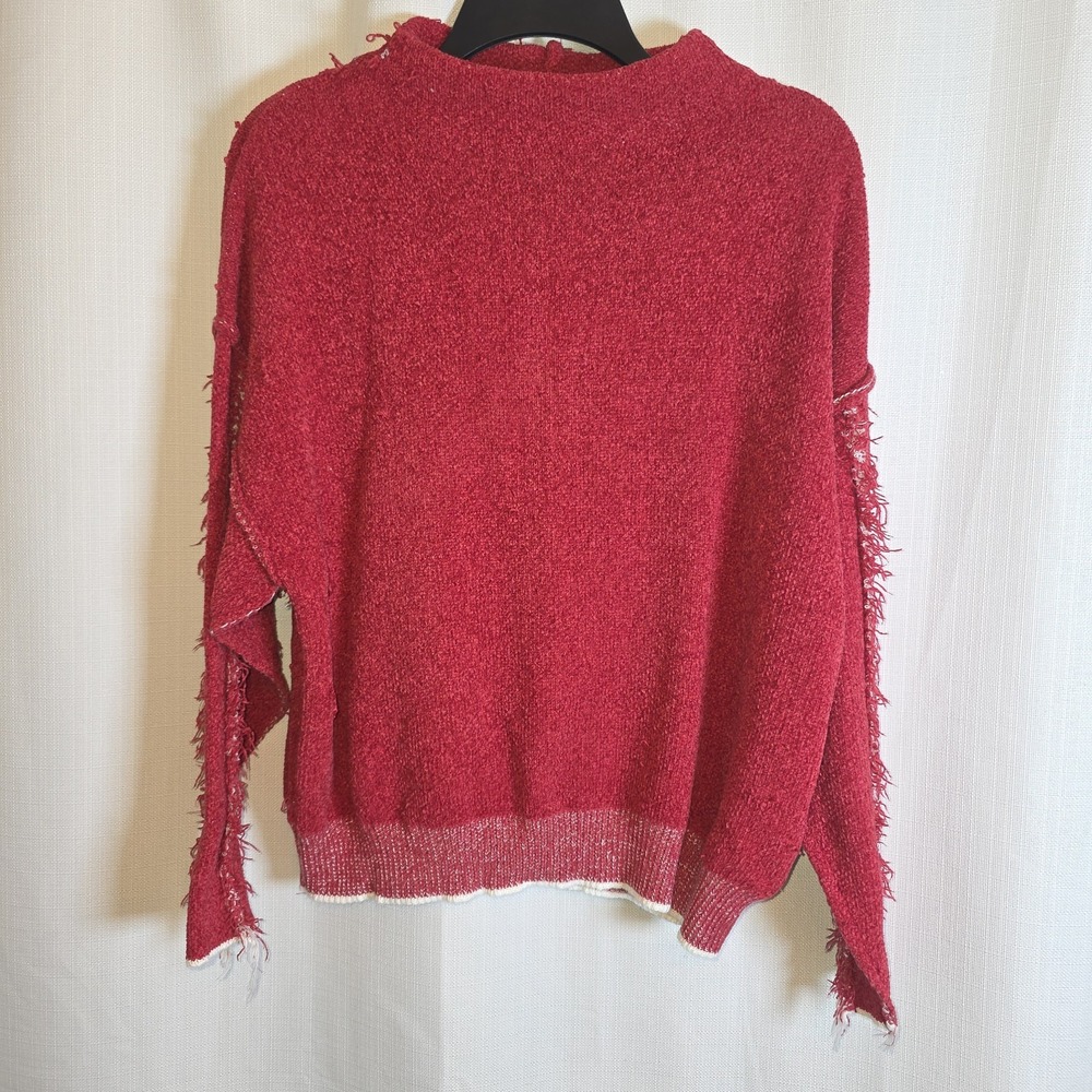 Zenana Red Sweater With Ribbed Neckline And Bottom Size S/M Distressed Look